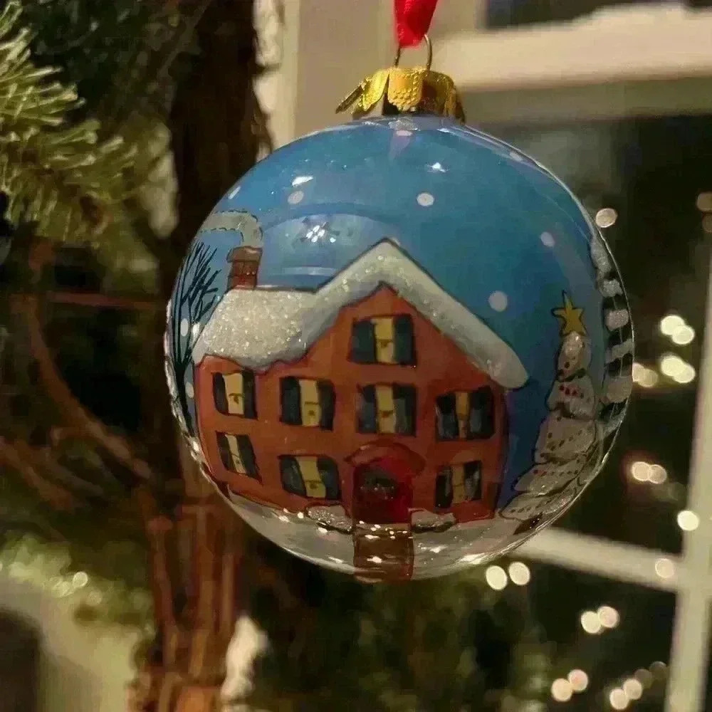 Christmas Ornament Glass 3” Winter Scene House Snow Glitter 2007 Box